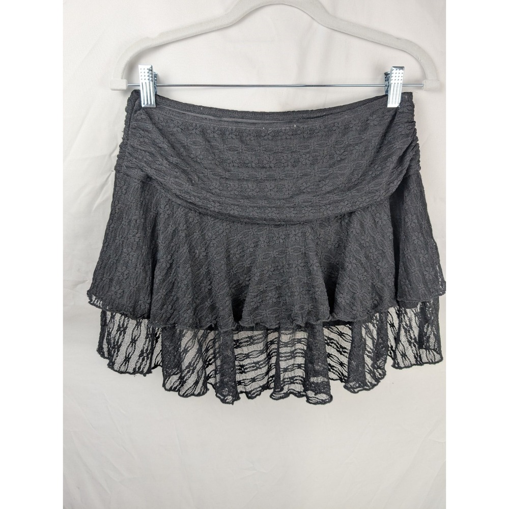 Y2K Floral Lace Tiered Ruffle Mini Skirt Size M Black Whimsigoth Festival Grunge - Picture 7 of 9